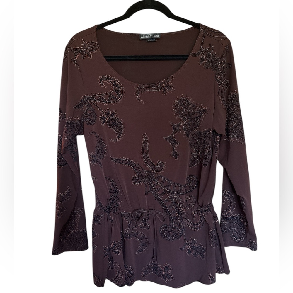 Elementz Women’s Top Brown Embroidered like with sparkly bronze color size Large